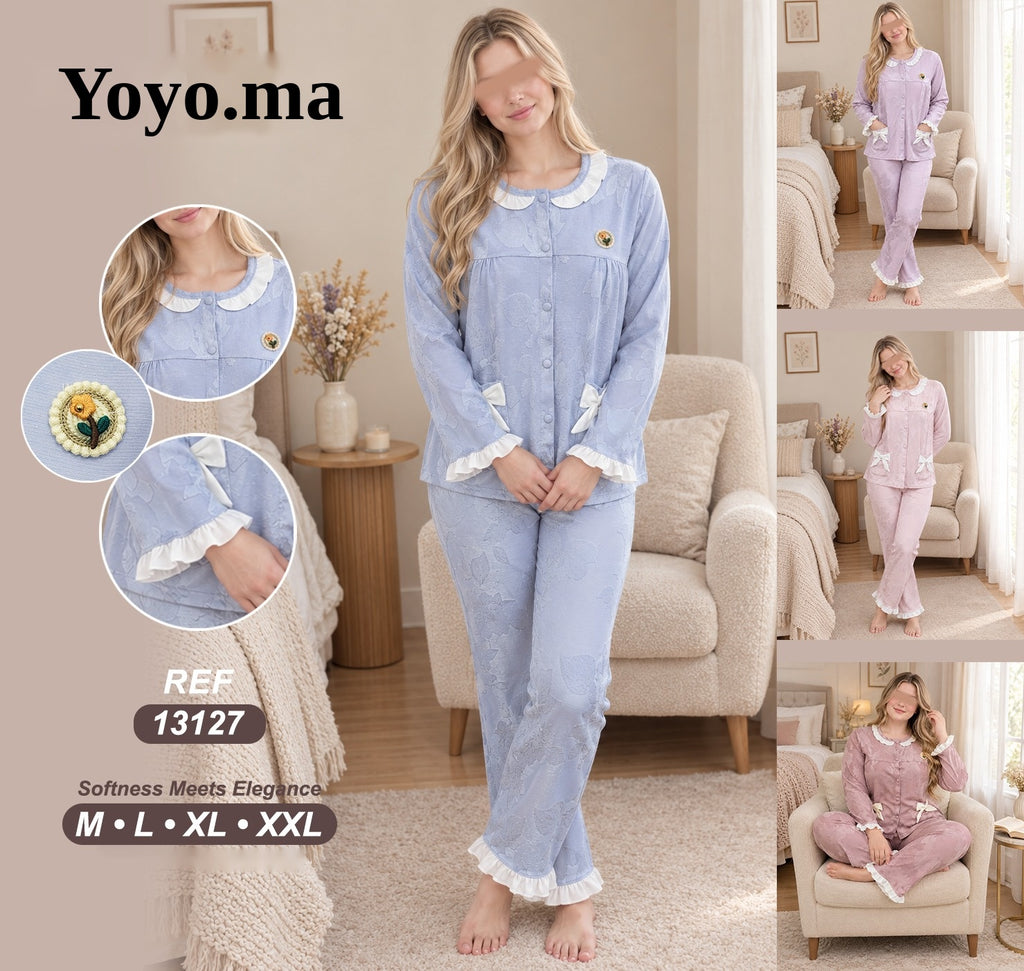 بيجامة جاكار بالكول والكشكش – REF 13127