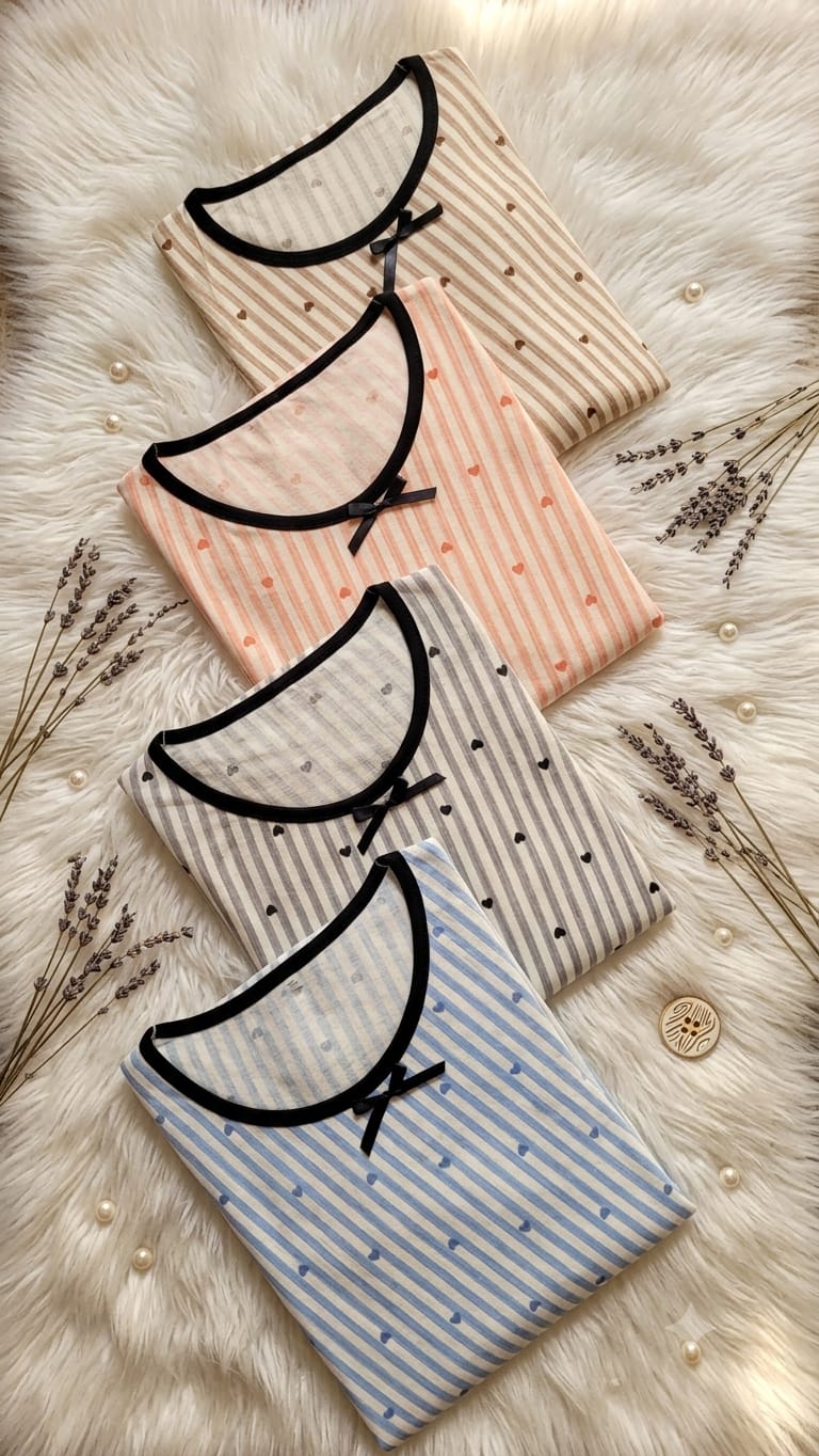 Pyjama pour femme rayé en tissu rib avec robeبيجامة نسائية مخططة من قماش ريب مع فستان