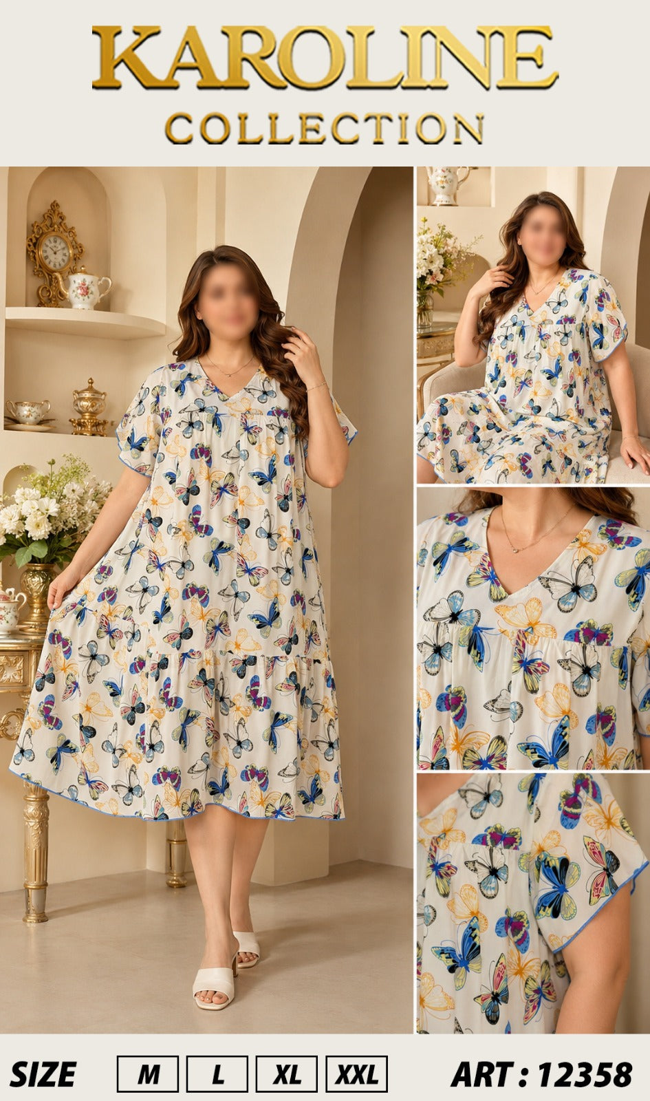 Robe mi-longue ample et élégante pour femmes (grandes tailles disponibles) - Imprimé papillonفستان نسائي ميدي واسع وأنيق (متوفر بمقاسات كبيرة) - نقشة فراشات