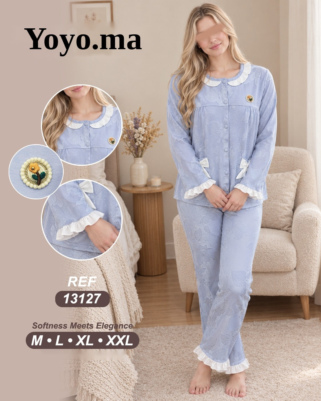 بيجامة جاكار بالكول والكشكش – REF 13127