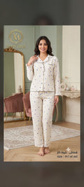 طقم بيجامة نسائي من قطعتين بنقشة منقطة - بيج وأزرقEnsemble de pyjama deux pièces pour femme à pois - Beige et bleu
