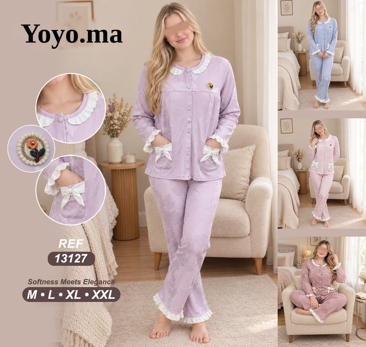 بيجامة جاكار بالكول والكشكش – REF 13127