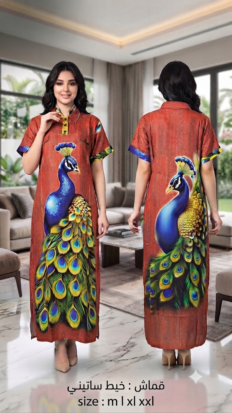 Robe longue jaune pour femme - Imprimé paon majestueux
