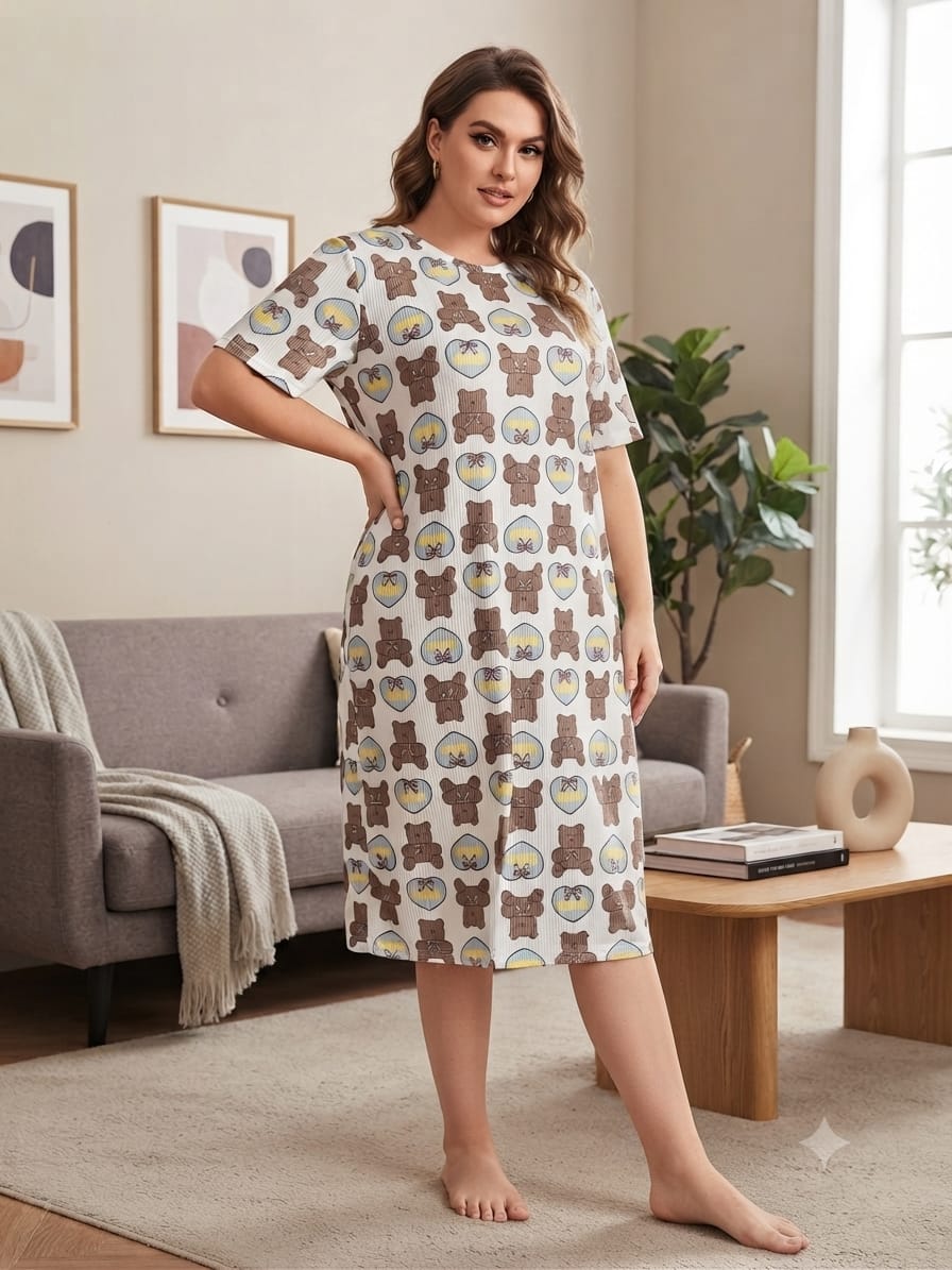 Robe de Nuit Confortable en Côtelé avec Imprimé Oursonsقميص نوم نسائي مريح من قماش الريب  بتصميم الدببة