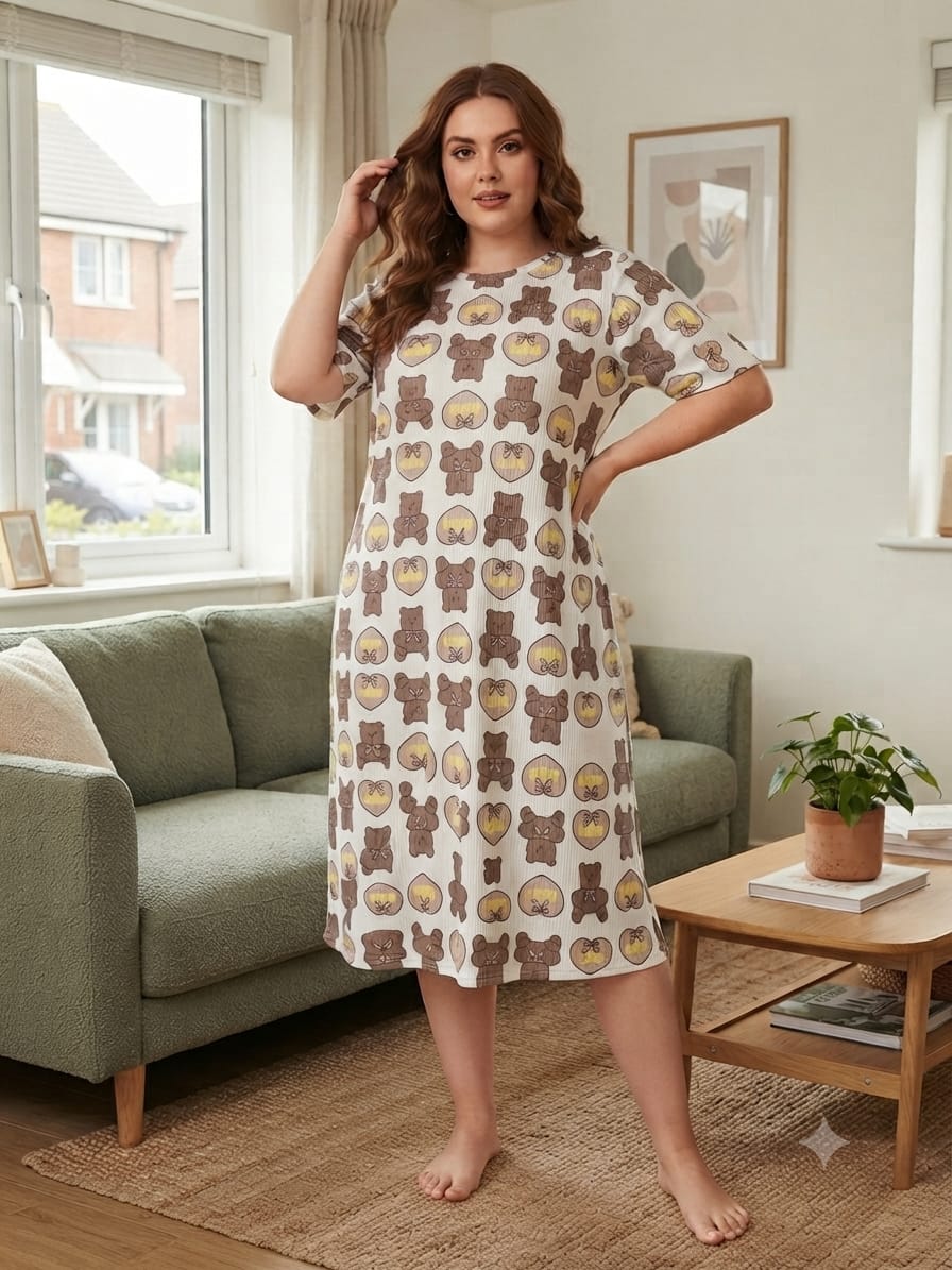 Robe de Nuit Confortable en Côtelé avec Imprimé Oursonsقميص نوم نسائي مريح من قماش الريب  بتصميم الدببة