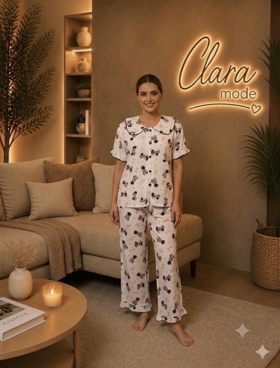 Pyjama Deux Pièces Imprimé Motif Minnie & Nœudsبيجامة نسائية قطعتين بنقشة ميني وفیونكات