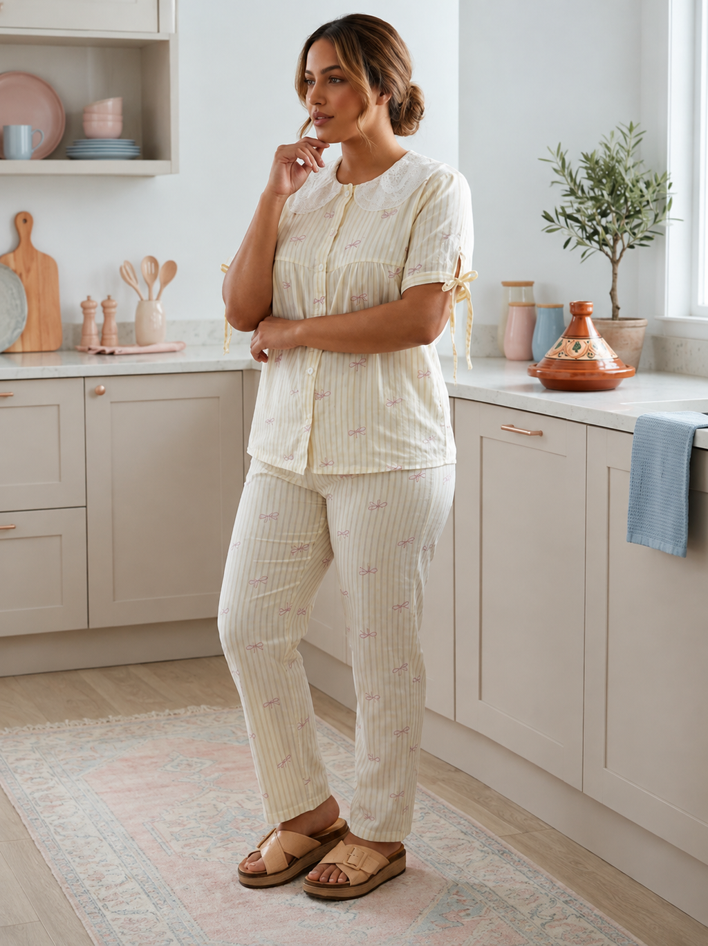 Pyjama femme élégant – Rayures bleu clair & motifs nœuds