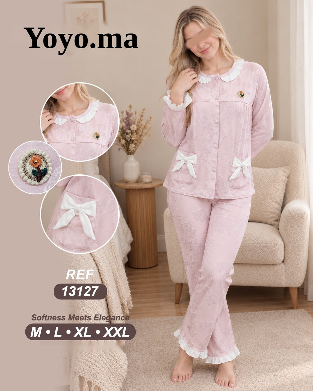 بيجامة جاكار بالكول والكشكش – REF 13127