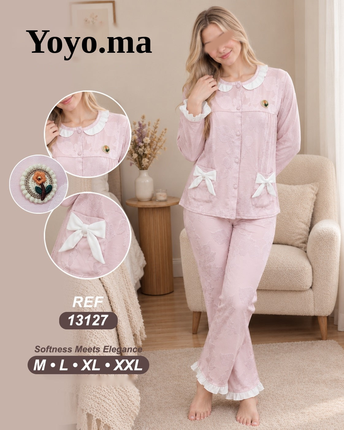 بيجامة جاكار بالكول والكشكش – REF 13127