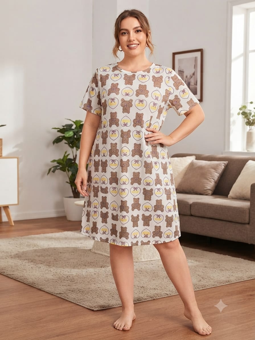 Robe de Nuit Confortable en Côtelé avec Imprimé Oursonsقميص نوم نسائي مريح من قماش الريب  بتصميم الدببة