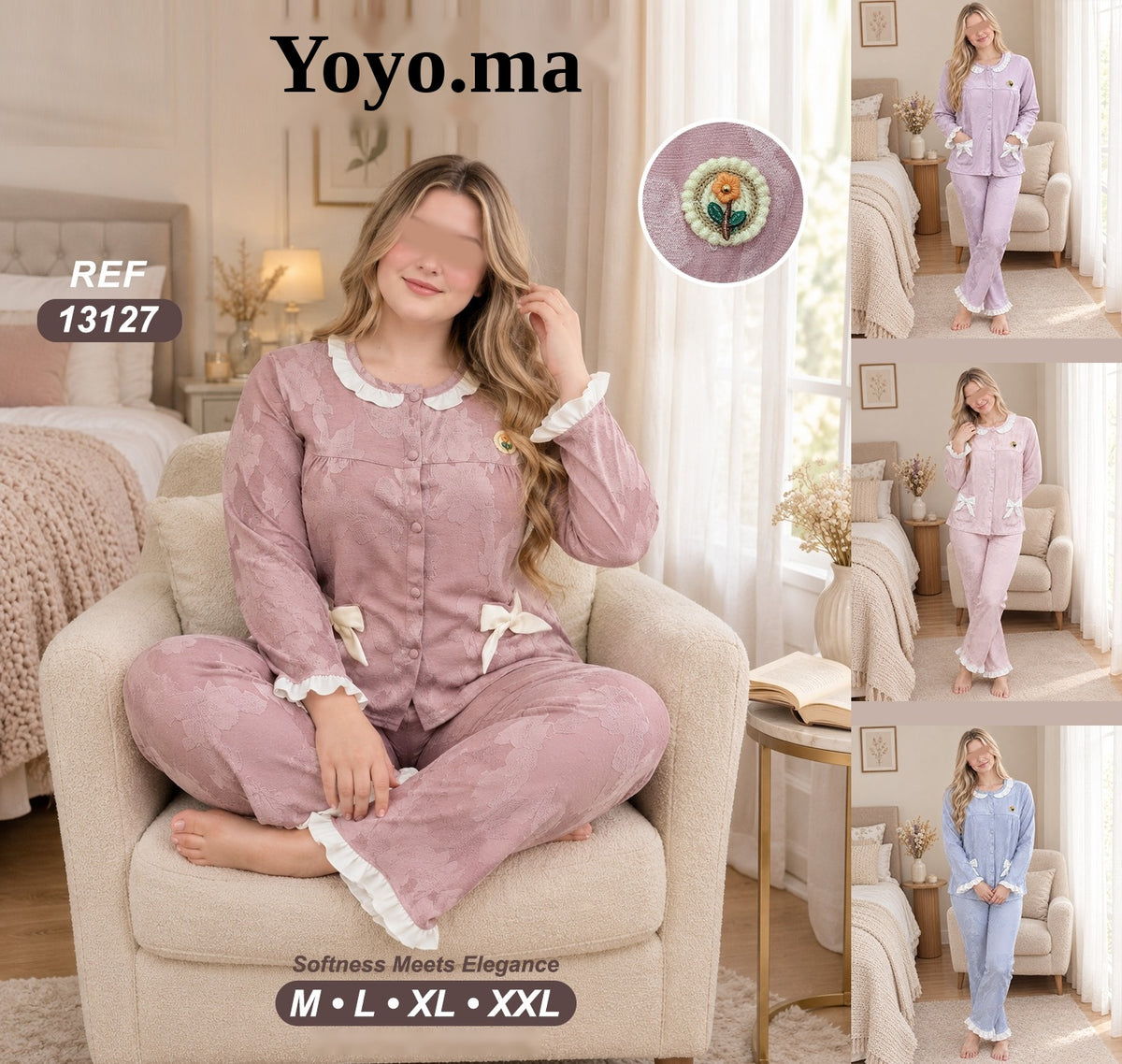 بيجامة جاكار بالكول والكشكش – REF 13127
