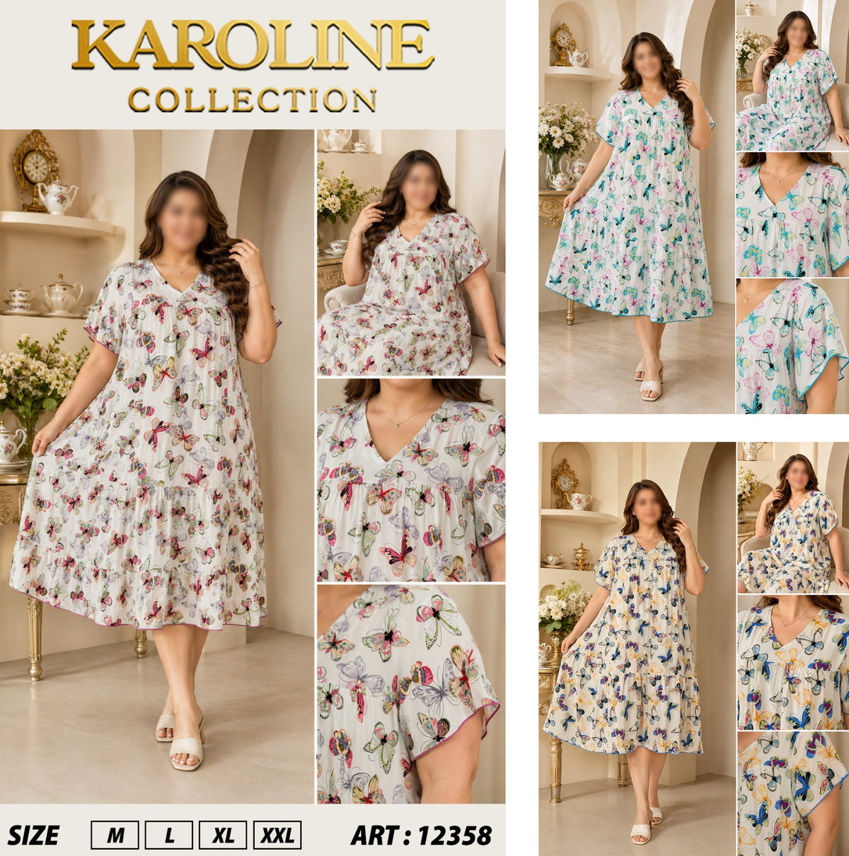 Robe mi-longue ample et élégante pour femmes (grandes tailles disponibles) - Imprimé papillonفستان نسائي ميدي واسع وأنيق (متوفر بمقاسات كبيرة) - نقشة فراشات
