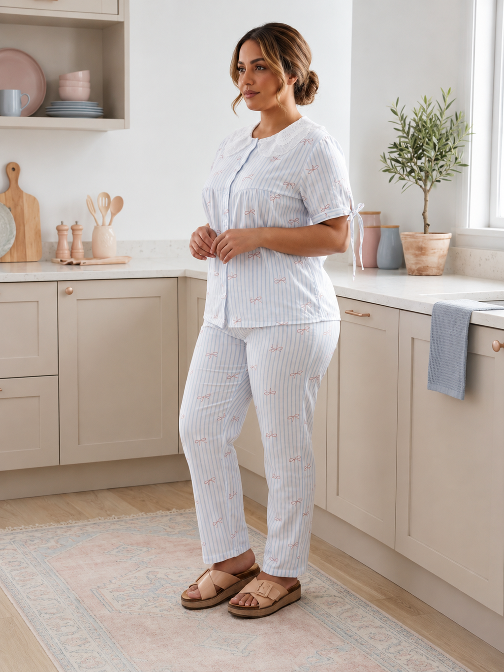 Pyjama femme élégant – Rayures bleu clair & motifs nœuds