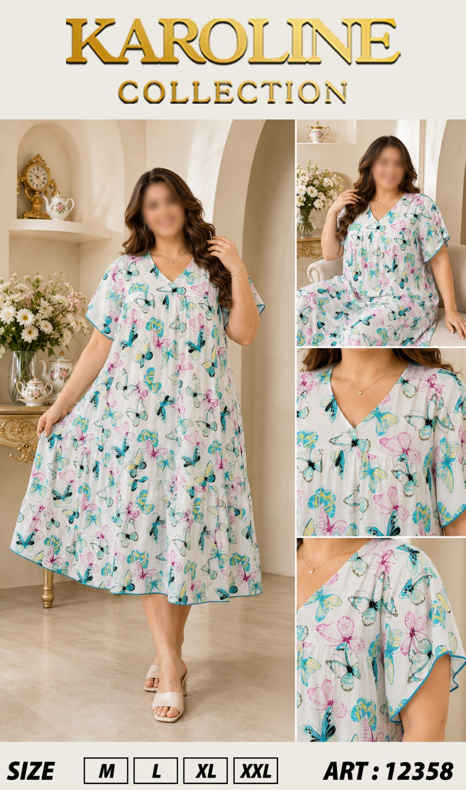 Robe mi-longue ample et élégante pour femmes (grandes tailles disponibles) - Imprimé papillonفستان نسائي ميدي واسع وأنيق (متوفر بمقاسات كبيرة) - نقشة فراشات