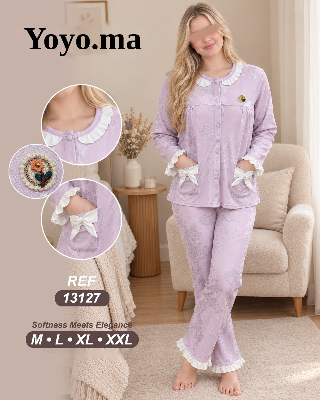 بيجامة جاكار بالكول والكشكش – REF 13127